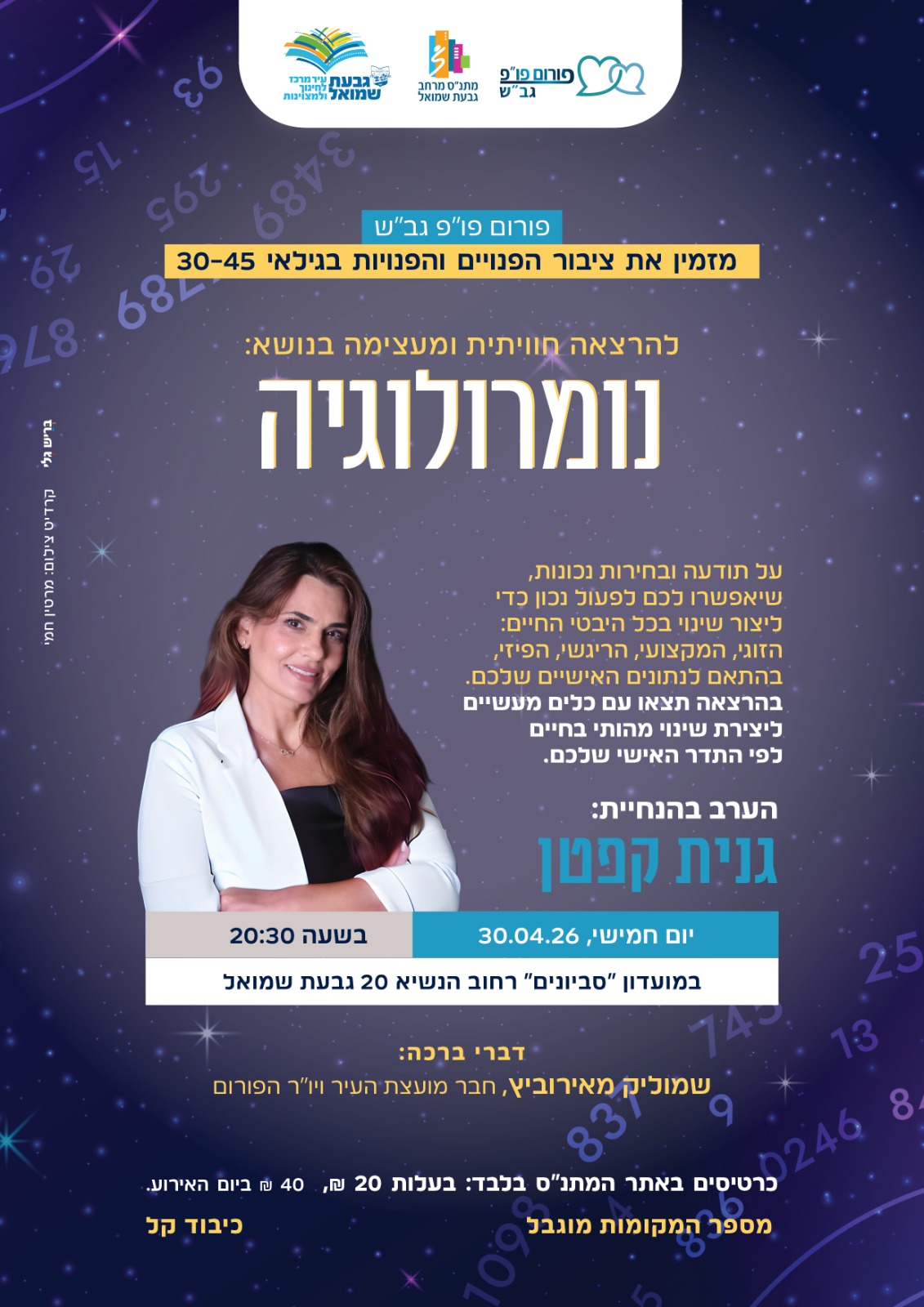 פוסטר עם פרסום פרטי ההרצאה ותמונה של המרצה גנית קפטן